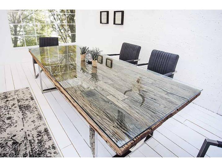 Massiver Esstisch BARRACUDA 180cm antik Teak Holz mit Stahl Kufenfüßen inkl. Glasplatte rechteckig Esszimmertisch 8+ Personen Industrie & Loft Rustikal Natur von Riess-Ambiente.de