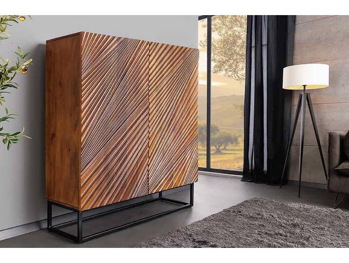Massives Highboard ART 120cm braun Mangoholz 3D-Design schwarz Metall Industrie & Loft Modern Natur Rustikal von Riess-Ambiente.de