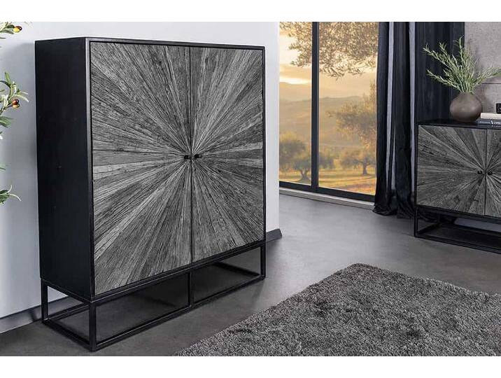 Massives Highboard BARRACUDA 120cm grau Mangoholz mit Teakholz-Front schwarz Metall Industrie & Loft Modern von Riess-Ambiente.de