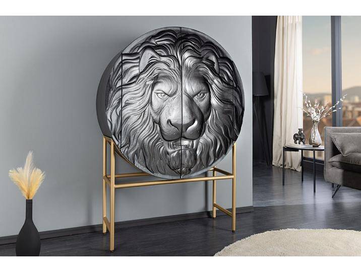 Massives Highboard LION 140cm schwarz gold Mangoholz 3D Schnitzereien Kunstwerk Barock Rustikal Modern von Riess-Ambiente.de