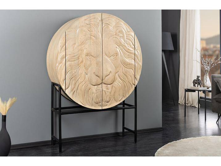 Massives Highboard LION 140cm weiß Mangoholz Metall 3D Schnitzereien Kunstwerk Barock Modern Rustikal von Riess-Ambiente.de