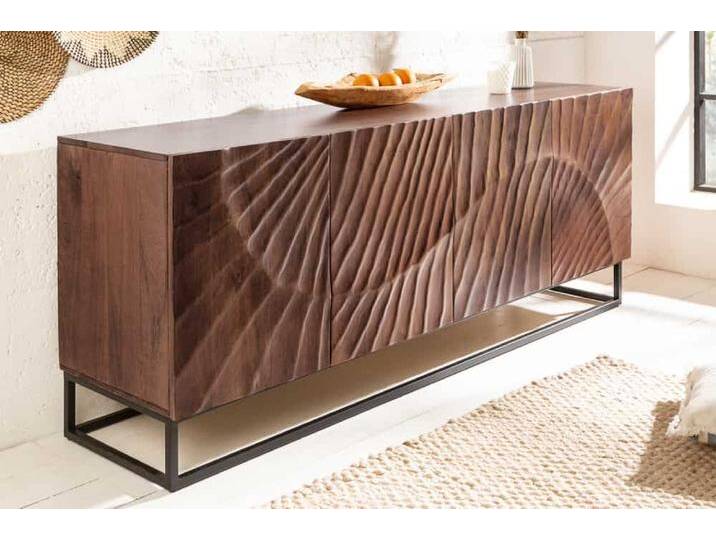 Massives Sideboard SCORPION 180cm dunkelbraun Akazie mit 3D Schnitzereien schwarz Metall Glamour Rustikal von Riess-Ambiente.de