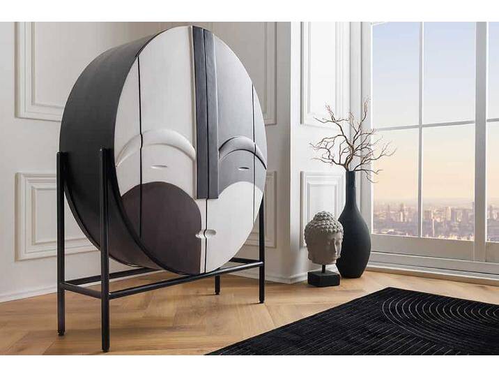 Massivholz Highboard VOODOO 120cm braun weiß schwarz Mangoholz mit 3D Schnitzereien oval Metallgestell Asiatisch Boheme Kolonial Modern Natur von Riess-Ambiente.de