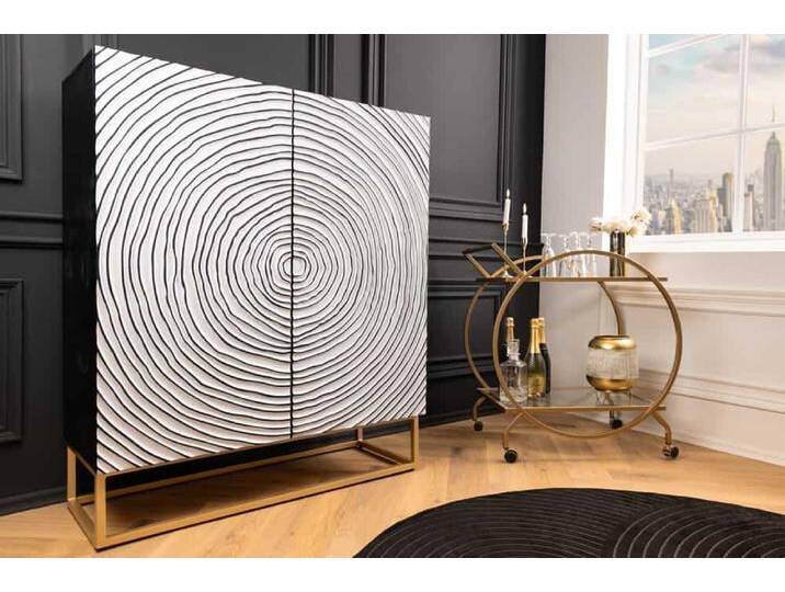 Massivholz Highboard ZEN CIRCLES 120cm weiß schwarz Mangoholz 3D-Design Metall gold Asiatisch Modern von Riess-Ambiente.de
