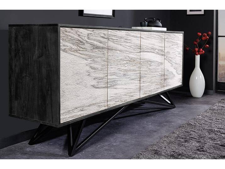 Massivholz Sideboard MOUNTAIN SOUL 175cm weiß schwarz Akazie echter Naturstein von Riess-Ambiente.de