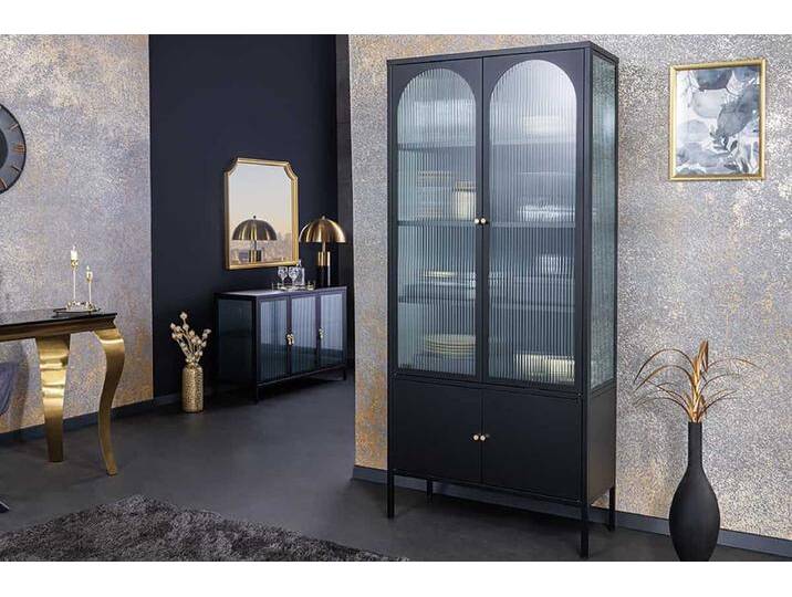 Moderne Vitrine PARIS 180cm schwarz gold Riffelglas Metall Highboard Schrank von Riess-Ambiente.de
