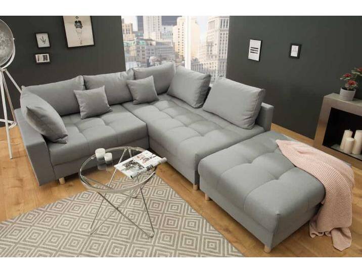Moderne Wohnlandschaft KENT 220cm grau Ecksofa Federkern inkl. Hocker und Kissen L-Form Wohnzimmer von Riess-Ambiente.de