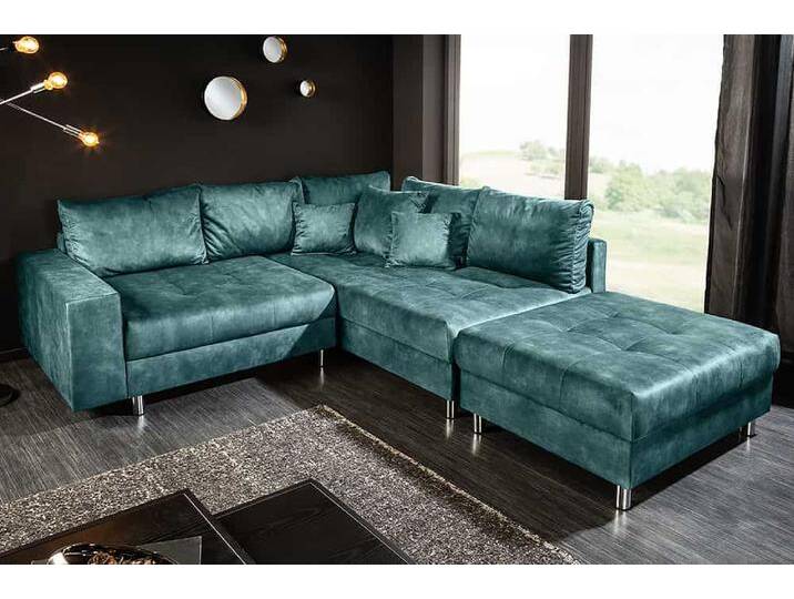 Moderne Wohnlandschaft KENT 220cm petrol Ecksofa Federkern inklusive Hocker L-Form Wohnzimmer von Riess-Ambiente.de