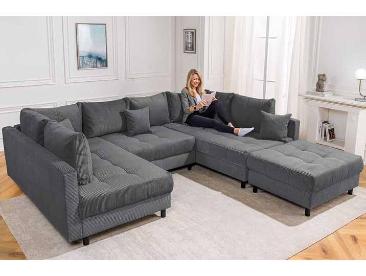 Moderne XXL Wohnlandschaft KENT 305cm anthrazit Cord Bigsofa inkl. Hocker Federkern U-Form Wohnzimmer von Riess-Ambiente.de