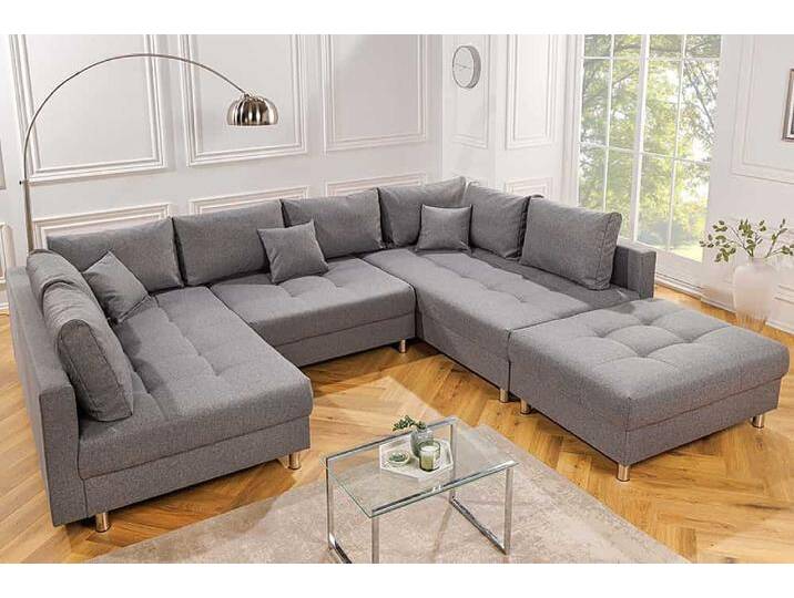 Moderne XXL Wohnlandschaft KENT 305cm grau Federkern Bigsofa inkl. Hocker U-Form Wohnzimmer von Riess-Ambiente.de