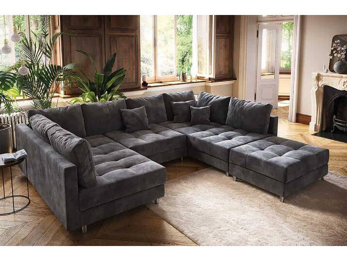 Moderne XXL Wohnlandschaft KENT 305cm grau Samt Bigsofa inkl. Hocker Federkern U-Form Wohnzimmer Moderne XXL Wohnlandschaft KENT 305cm grau Samt Bigsofa inkl. Hocker Federkern U-Form Wohnzimmer von Riess-Ambiente.de