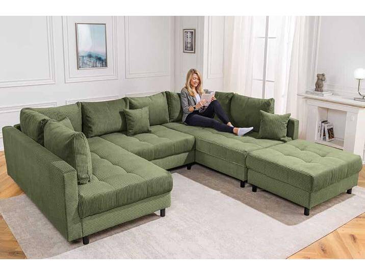 Moderne XXL Wohnlandschaft KENT 305cm grün Cord Bigsofa inkl. Hocker Federkern Wohnzimmer von Riess-Ambiente.de