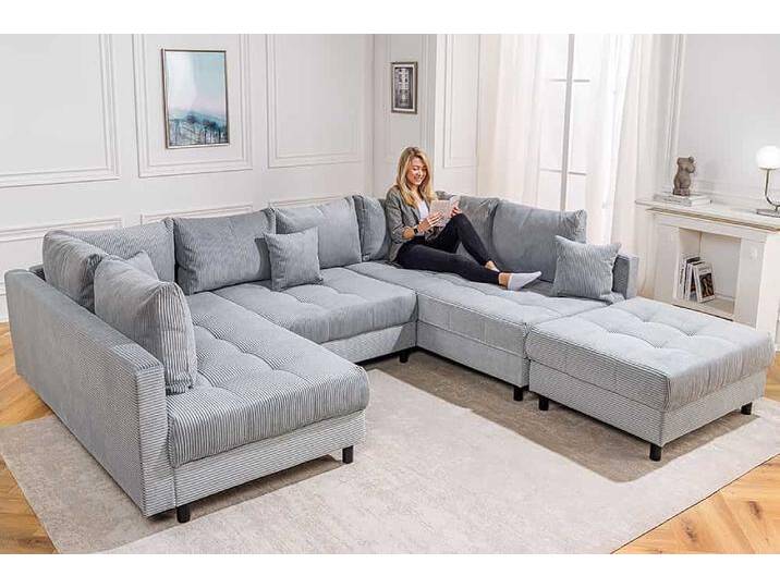 Moderne XXL Wohnlandschaft KENT 305cm hellgrau Cord Bigsofa inkl. Hocker Federkern U-Form Wohnzimmer Moderne XXL Wohnlandschaft KENT 305cm hellgrau Cord Bigsofa inkl. Hocker Federkern U-Form Wohnzimmer von Riess-Ambiente.de