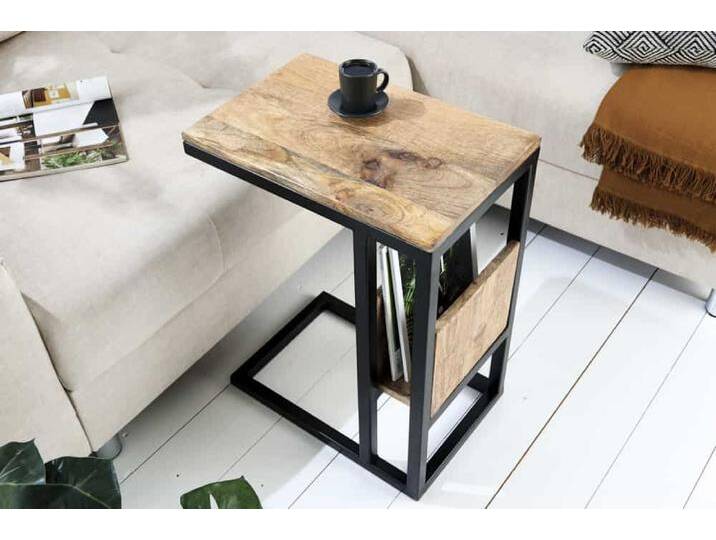 Moderner Laptoptisch CONCIERGE 60cm natur Mangoholz Beistelltisch mit Stauraum Metallgestell rechteckig Betttisch C-Form von Riess-Ambiente.de