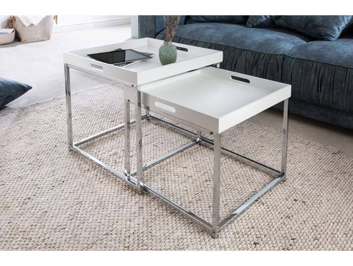 Modernes Beistelltisch 2er Set ELEMENTS 50cm weiß Chrom abnehmbares Tablett rechteckig Satztisch Modernes Beistelltisch 2er Set ELEMENTS 50cm weiß Chrom abnehmbares Tablett rechteckig Satztisch von Riess-Ambiente.de