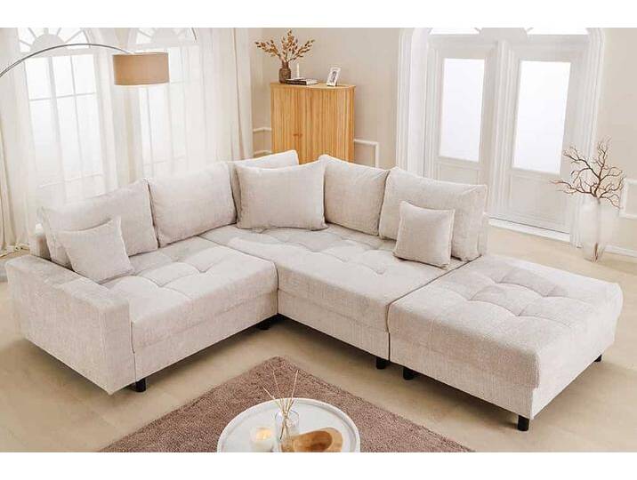 Modernes Ecksofa KENT 220cm champagner beige Chenille Federkern Wohnlandschaft mit Hocker L-Form Wohnzimmer Modernes Ecksofa KENT 220cm champagner beige Chenille Federkern Wohnlandschaft mit Hocker L-Form Wohnzimmer von Riess-Ambiente.de