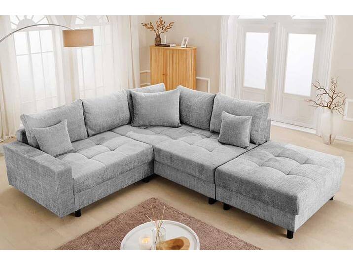 Modernes Ecksofa KENT 220cm grau Chenille Federkern Wohnlandschaft mit Hocker L-Form Wohnzimmer von Riess-Ambiente.de