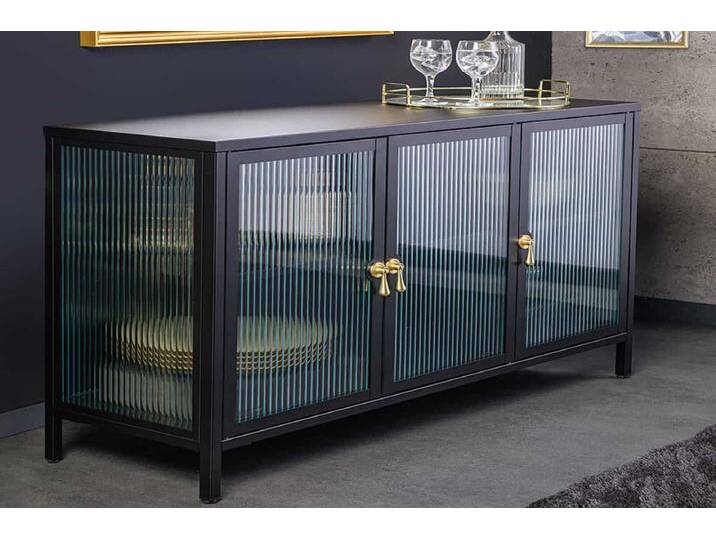 Modernes Sideboard AMSTERDAM 105cm schwarz gold Riffelglas Metall Vitrine Schrank von Riess-Ambiente.de