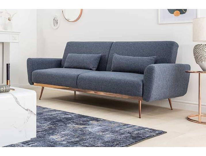 Retro Schlafsofa BELLEZZA 210cm blau Strukturstoff 3-Sitzer Couch Metallfüße roségold Wohnzimmer von Riess-Ambiente.de