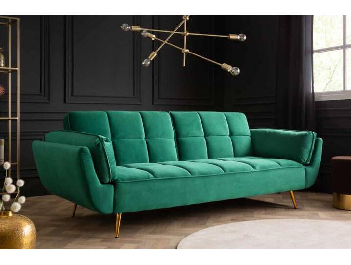 Retro Schlafsofa BOUTIQUE 215cm smaragdgrün Samt 3-Sitzer mit goldenen Füßen Wohnzimmer von Riess-Ambiente.de