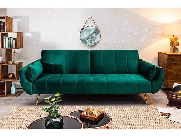 Retro Schlafsofa DIVANI 220cm smaragdgrün Samt goldene Metallfüße 3-Sitzer mit Bettfunktion Wohnzimmer von Riess-Ambiente.de