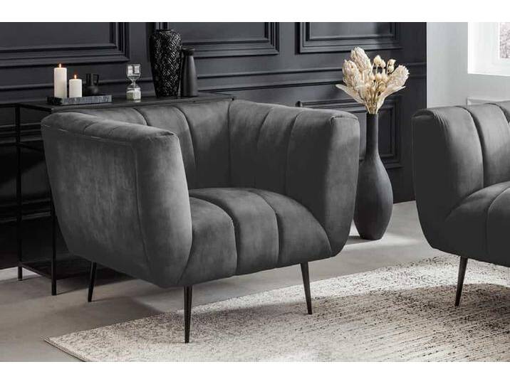 Retro Sessel NOBLESSE 105cm grau Samt schwarze Metallfüße Federkern Ziersteppung von Riess-Ambiente.de