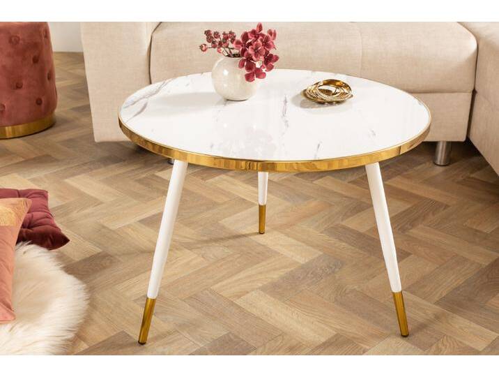 Runder Couchtisch PARIS 60cm weiß gold Glas Marmor Design Beistelltisch Metallkappen Sofatisch Wohnzimmertisch Glamour Retro von Riess-Ambiente.de