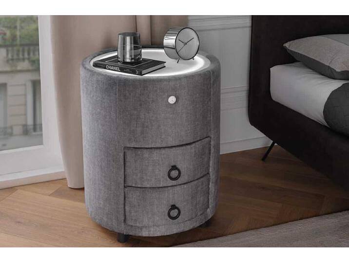 Runder Nachttisch SIGNUM 55cm grau Samt inkl. Beleuchtung und Schubladen Säulentisch Glamour Modern Skandinavisch von Riess-Ambiente.de