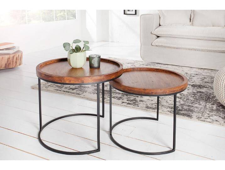 Rundes 2er Set Beistelltische ELEMENTS 55cm Akazie stone finish Metall schwarz Satztisch Natur Industrie & Loft von Riess-Ambiente.de
