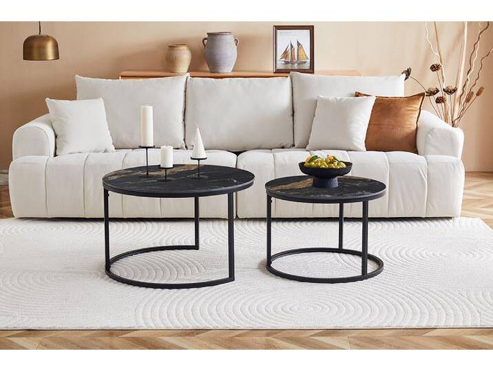 Rundes 2er Set Couchtische ELEGANCE 70cm schwarz gold sand Aurora Oro Keramik Sofatisch Wohnzimmertisch Satztisch Glamour Modern von Riess-Ambiente.de