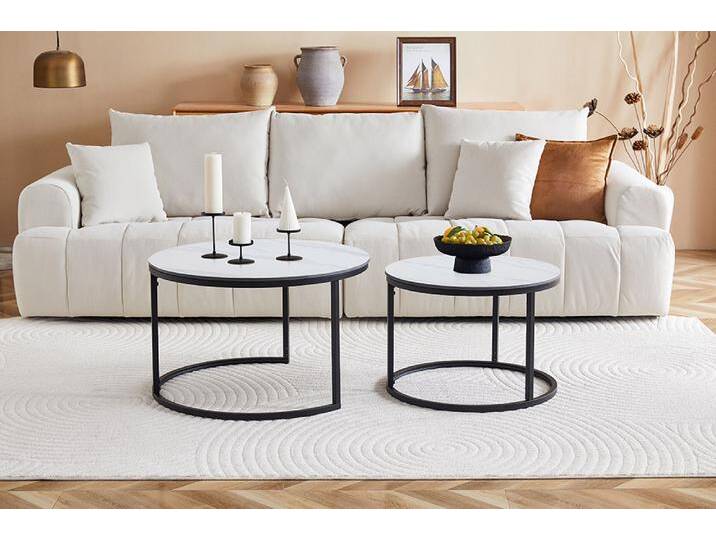 Rundes 2er Set Couchtische ELEGANCE 70cm weiß Keramik schwarz Metall Sofatisch Wohnzimmertisch Satztisch Glamour Modern von Riess-Ambiente.de