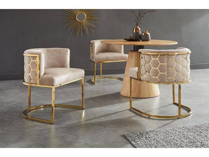 Stilvoller Stuhl ELEGANCE beige Samt gold Edelstahl mit Armlehne Esszimmerstuhl Küchenstuhl Glamour von Riess-Ambiente.de