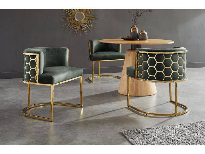 Stilvoller Stuhl ELEGANCE grün Samt gold Edelstahl mit Armlehne Esszimmerstuhl Küchenstuhl Glamour von Riess-Ambiente.de