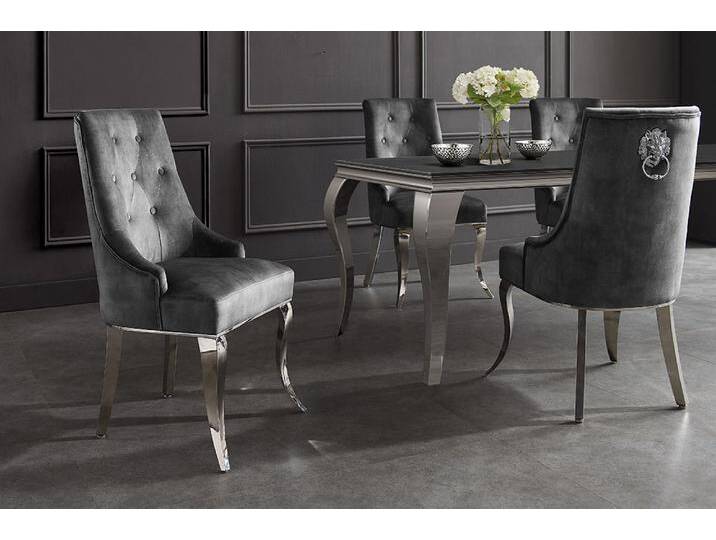 Stuhl MODERN BAROCK DELUXE grau Samt silber Edelstahlbeine mit Löwenkopf Stuhl MODERN BAROCK DELUXE grau Samt silber Edelstahlbeine mit Löwenkopf von Riess-Ambiente.de