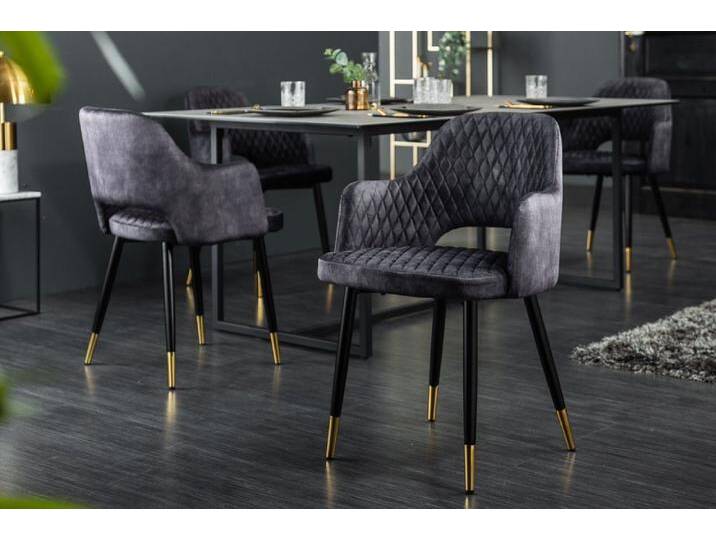 riess-ambiente 4-Fußstuhl PARIS grau / schwarz gold (Einzelartikel, 1 St), Esszimmer · Samt · Metall · mit Armlehne · Ziersteppung, grau, grau von Riess-Ambiente.de
