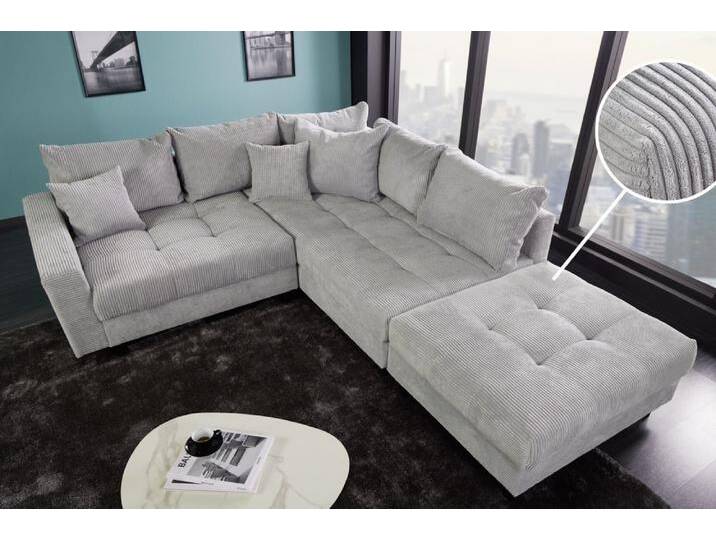 riess-ambiente Ecksofa KENT 220cm hellgrau / schwarz, Einzelartikel 1 Teile, Wohnzimmer · Cord · mit Federkern · inklusive Hocker · L-Form · Modern von Riess-Ambiente.de