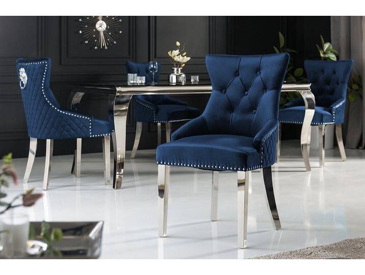 riess-ambiente Polsterstuhl CASTLE DELUXE royalblau / silber (Einzelartikel, 1 St), Esszimmer · Samt · Edelstahl · mit Löwenkopf-Griff · Barock Design von Riess-Ambiente.de