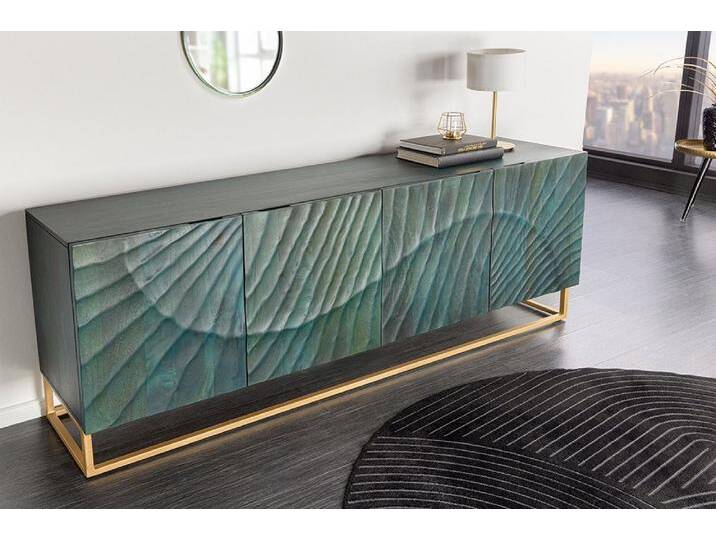 riess-ambiente Sideboard SCORPION 180cm türkis / gold · Anrichte aus Mango-Massivholz, Metall-Gestell · Kommode mit 4 Fächern · 3D Schnitzereien · Wohnzimmer riess-ambiente Sideboard SCORPION 180cm türkis / gold · Anrichte aus Mango-Massivholz, Metall-Gestell · Kommode mit 4 Fächern · 3D Schnitzereien · Wohnzimmer von Riess-Ambiente.de