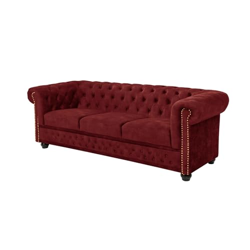 Barock Sofa Chesterfield 205cm - rot - Samt Federkern Knopfheftung 3-Sitzer-Couch Wohnzimmer Retro von Riess Ambiente