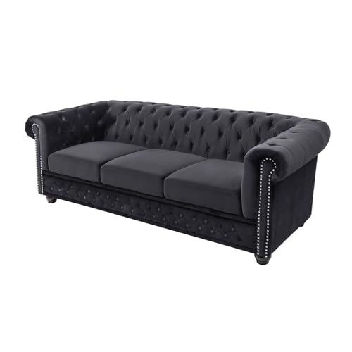 Riess Ambiente Barock Sofa Chesterfield 205cm - schwarz - Samt Federkern Knopfheftung 3-Sitzer-Couch Wohnzimmer Retro von Riess Ambiente
