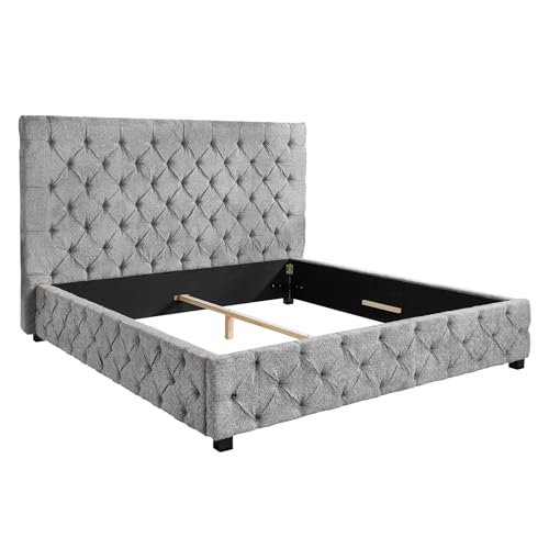 Riess Ambiente Design Boxbett Paris - 180x200 cm - grau - Bouclé Chesterfield Zierknöpfe Doppelbett hohes Kopfteil Mittelbalken von Riess Ambiente