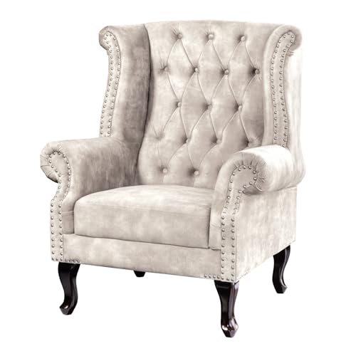 Riess Ambiente Design Ohrensessel Chesterfield - 105cm - Champagner beige - Samt Silber Ziernieten Polstersessel Lesesessel Knopfheftung Federung Rundum-Bezug von Riess Ambiente