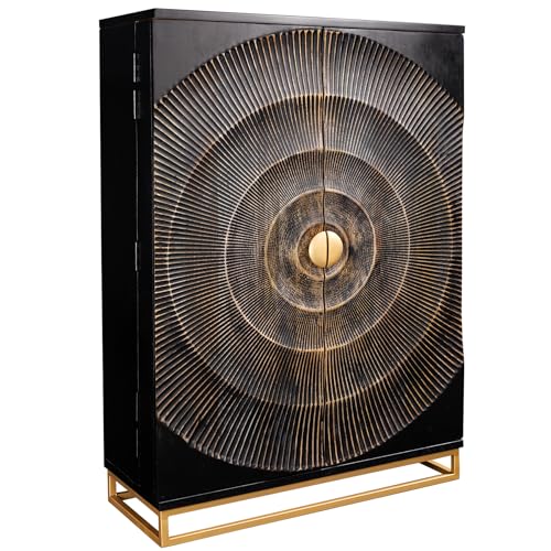 Riess Ambiente Handmade Barschrank GOLDEN Sunset 145cm schwarz Gold Mangoholz Massivholz Metallgestell Hausbar Highboard Flaschenhalter Glashalter inkl. Schubladen Türregale von Riess Ambiente