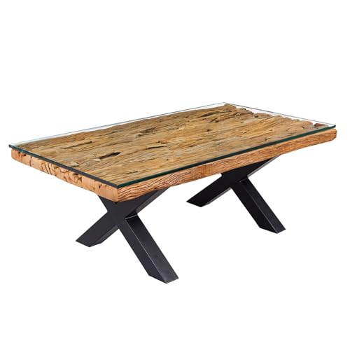 Riess Ambiente Massiver Couchtisch Barracuda - 110cm - antik Natur - recyceltes Teakholz X-Gestell Glasplatte von Riess Ambiente