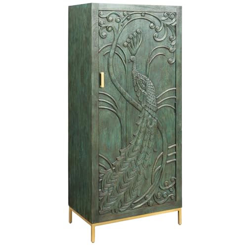 Riess Ambiente Massives Highboard Peacock - 170cm - grün - Mangoholz 3D-Schnitzerei Pfau-Design antik Stauraum Eisen Schnitzereien Handmade von Riess Ambiente