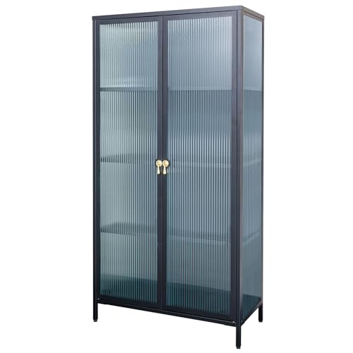 Riess Ambiente Moderne Vitrine Amsterdam 160cm schwarz Gold Riffelglas Metall Highboard Schrank, stylische Anrichte für Dein Wohnzimmer von Riess Ambiente