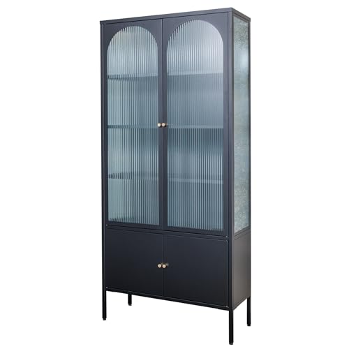 Riess Ambiente Moderne Vitrine Paris 180cm schwarz Gold Riffelglas Metall Highboard Schrank, stilvolle Anrichte für Dein Wohnzimmer von Riess Ambiente