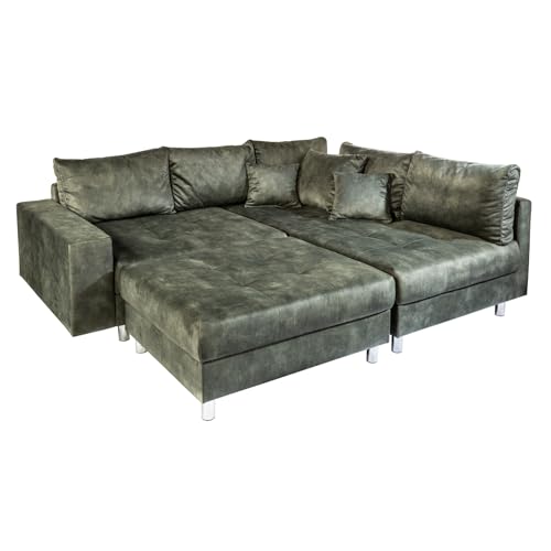 Riess Ambiente Moderne Wohnlandschaft Kent - 220cm - moosgrün - Microvelours - Ecksofa Federkern inkl. Hocker & Kissen Couch L-Form Ottomane von Riess Ambiente