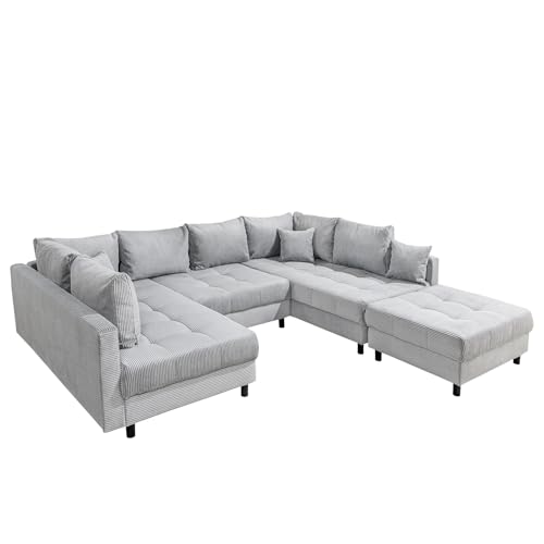 Riess Ambiente Moderne XXL Wohnlandschaft Kent - 305cm - hellgrau Cord - Bigsofa inkl. Hocker mit Federkern von Riess Ambiente