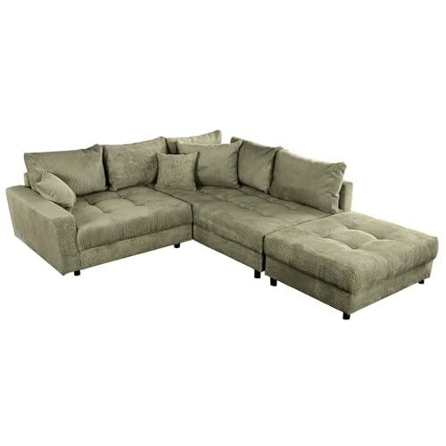 Riess Ambiente Modernes Ecksofa Kent 220cm - grün - Cord inkl. Hocker L-Form Wohnlandschaft mit Federkern bequem Couch von Riess Ambiente